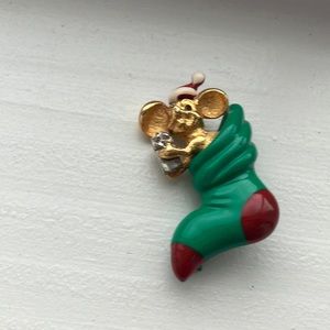 Vintage Christmas pin mouse holding a gift  in stocking stuffer stamped …